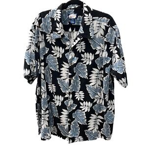 Island Blue Shirt - Men's 2X -Black Blue Palm Leaves Tropical -Silk Cotton Blend